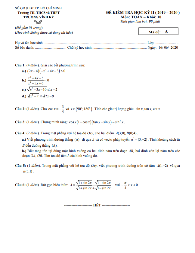 Đề thi học kì 2 Toán 10 năm 2019 – 2020 trường Trương Vĩnh Ký – TP HCM