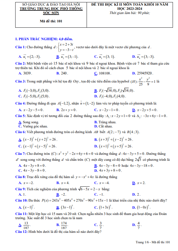 Đề thi học kì 2 Toán 10 năm 2023 – 2024 trường THPT Sóc Sơn – Hà Nội