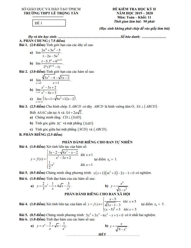 Đề thi học kì 2 Toán 11 năm 2019 – 2020 trường THPT Lê Trọng Tấn – TP HCM