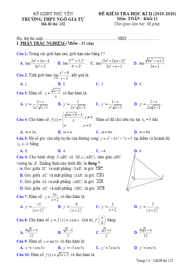 Đề thi học kì 2 Toán 11 năm 2019 – 2020 trường THPT Ngô Gia Tự – Phú Yên