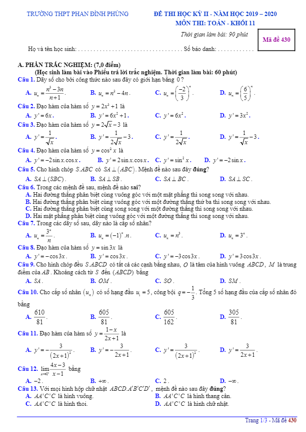 Đề thi học kì 2 Toán 11 năm 2019 – 2020 trường THPT Phan Đình Phùng – Hà Nội