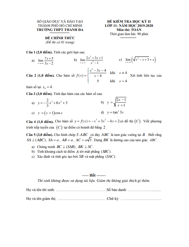 Đề thi học kì 2 Toán 11 năm 2019 – 2020 trường THPT Thanh Đa – TP HCM