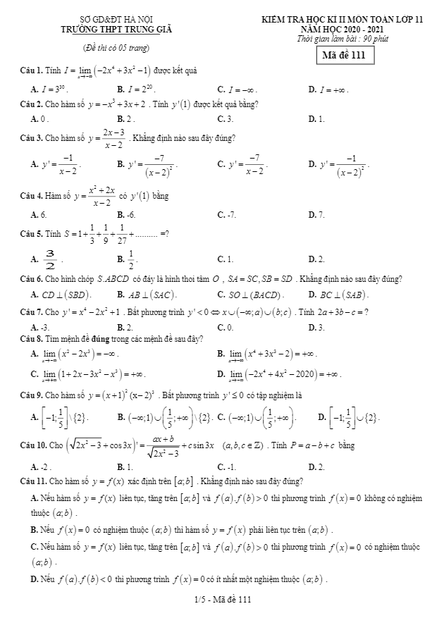 Đề thi học kì 2 Toán 11 năm 2019 – 2020 trường THPT Trung Giã – Hà Nội