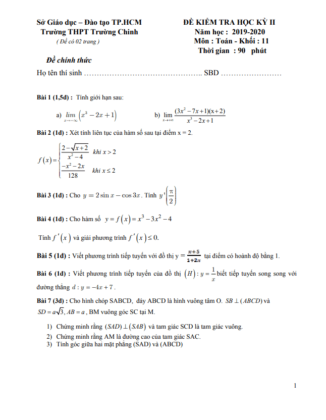 Đề thi học kì 2 Toán 11 năm 2019 – 2020 trường THPT Trường Chinh – TP HCM