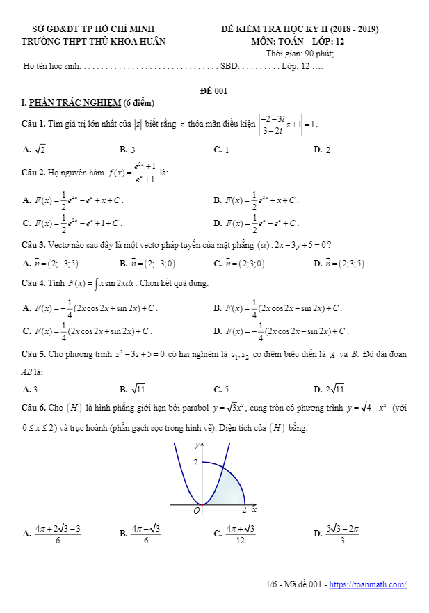 Đề thi học kì 2 Toán 12 năm 2018 – 2019 trường THPT Thủ Khoa Huân – TP HCM