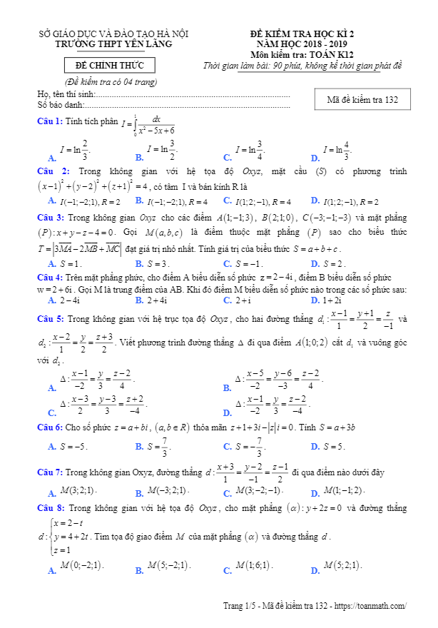Đề thi học kì 2 Toán 12 năm 2018 – 2019 trường THPT Yên Lãng – Hà Nội