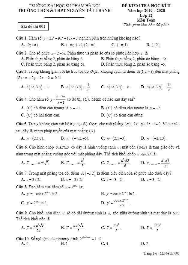 Đề thi học kì 2 Toán 12 năm 2019 – 2020 trường Nguyễn Tất Thành – Hà Nội