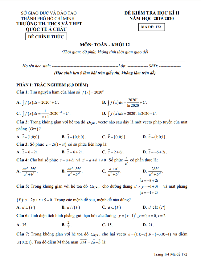 Đề thi học kì 2 Toán 12 năm 2019 – 2020 trường Quốc tế Á Châu – TP HCM