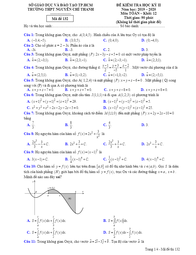 Đề thi học kì 2 Toán 12 năm 2019 – 2020 trường THPT Nguyễn Chí Thanh – TP HCM