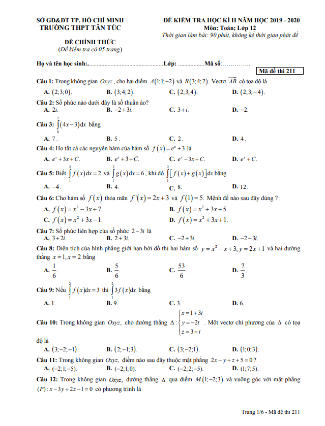 Đề thi học kì 2 Toán 12 năm 2019 – 2020 trường THPT Tân Túc – TP HCM