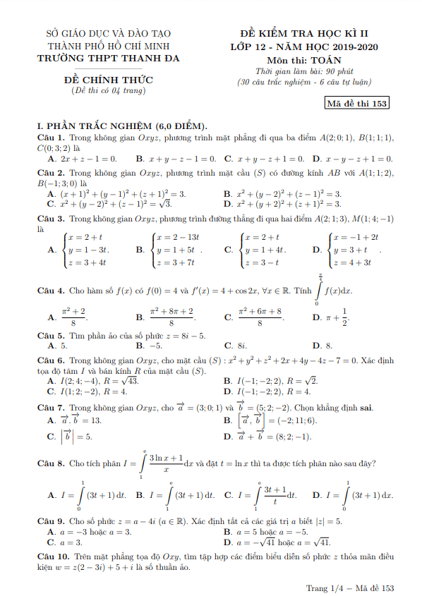 Đề thi học kì 2 Toán 12 năm 2019 – 2020 trường THPT Thanh Đa – TP HCM