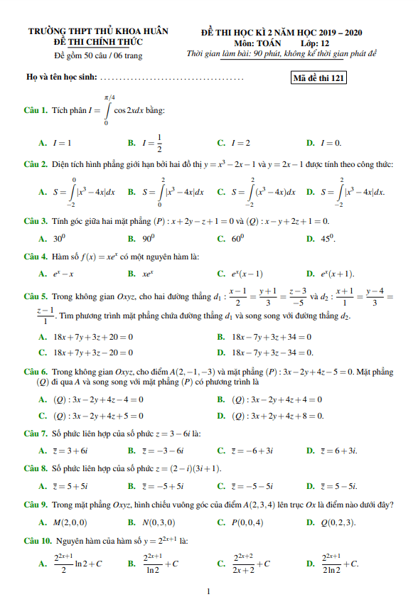 Đề thi học kì 2 Toán 12 năm 2019 – 2020 trường THPT Thủ Khoa Huân – TP HCM