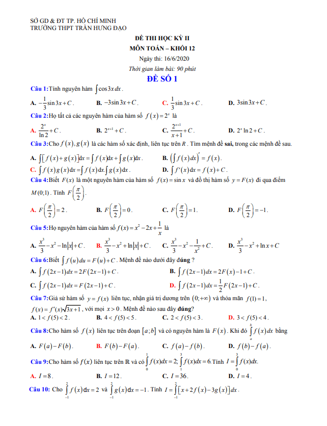 Đề thi học kì 2 Toán 12 năm 2019 – 2020 trường THPT Trần Hưng Đạo – TP HCM
