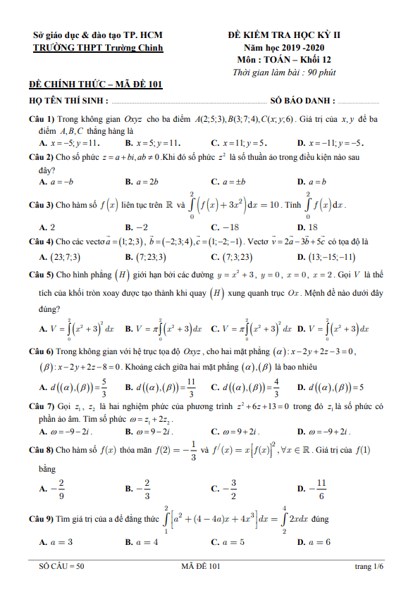 Đề thi học kì 2 Toán 12 năm 2019 – 2020 trường THPT Trường Chinh – TP HCM