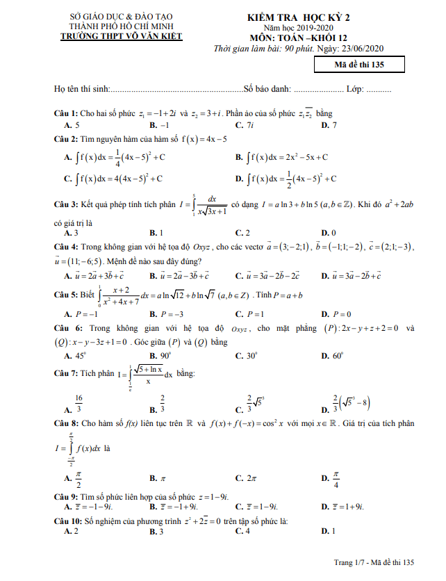 Đề thi học kì 2 Toán 12 năm 2019 – 2020 trường THPT Võ Văn Kiệt – TP HCM