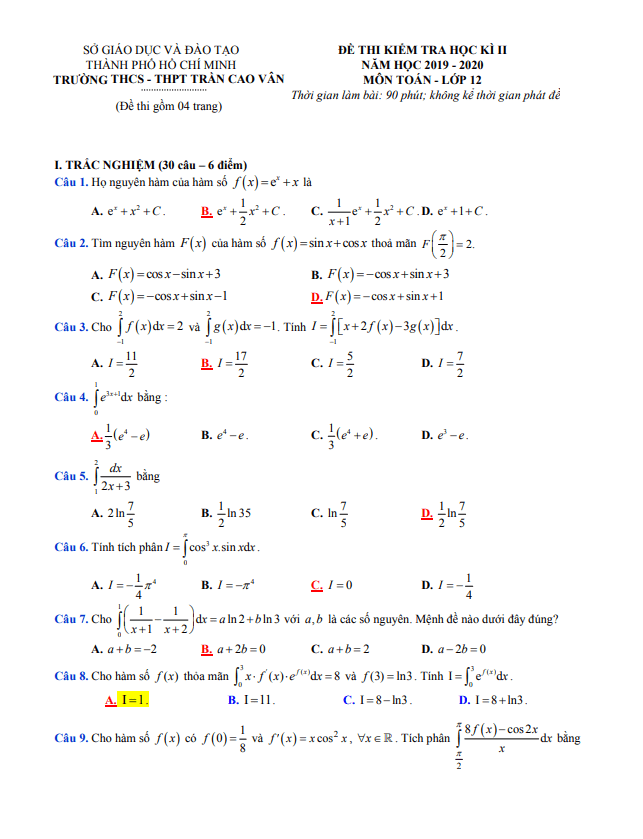 Đề thi học kì 2 Toán 12 năm 2019 – 2020 trường Trần Cao Vân – TP HCM