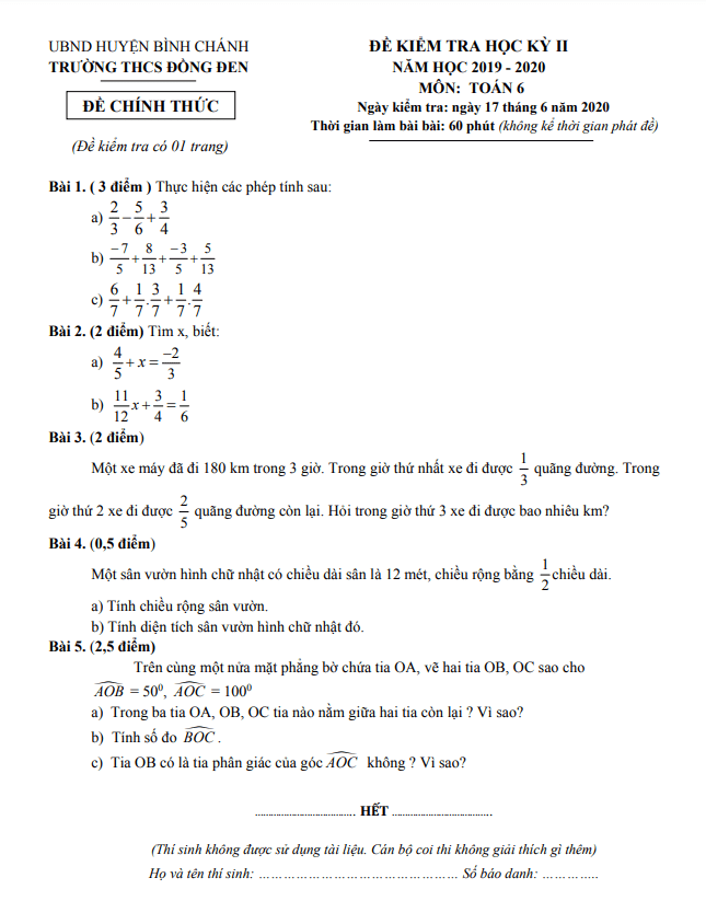 Đề thi học kì 2 Toán 6 năm 2019 – 2020 trường THCS Đồng Đen – TP HCM