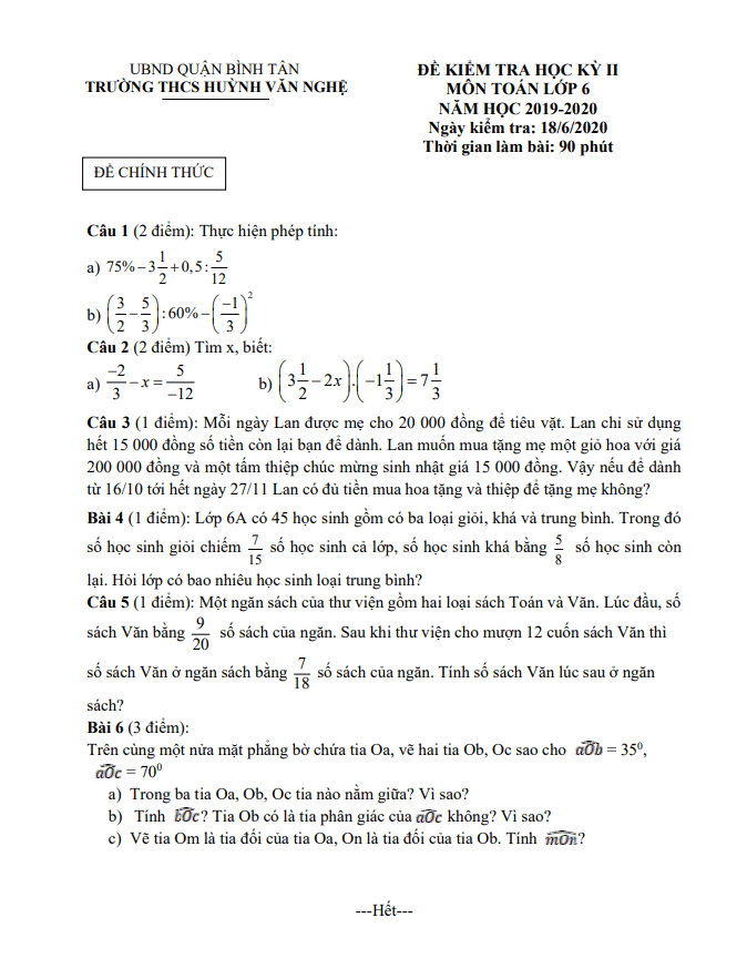 Đề thi học kì 2 Toán 6 năm 2019 – 2020 trường THCS Huỳnh Văn Nghệ – TP HCM