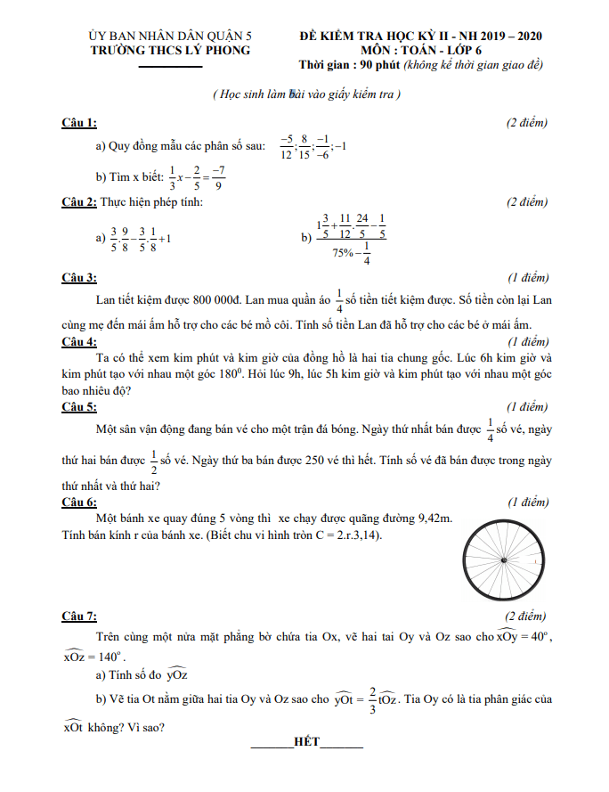 Đề thi học kì 2 Toán 6 năm 2019 – 2020 trường THCS Lý Phong – TP HCM