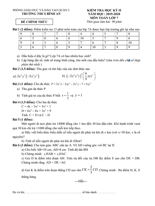 Đề thi học kì 2 Toán 7 năm 2019 – 2020 trường THCS Bình An – TP HCM