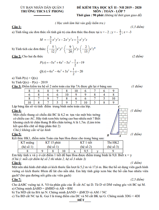 Đề thi học kì 2 Toán 7 năm 2019 – 2020 trường THCS Lý Phong – TP HCM