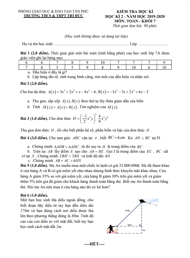 Đề thi học kì 2 Toán 7 năm 2019 – 2020 trường THCS&THPT Trí Đức – TP HCM