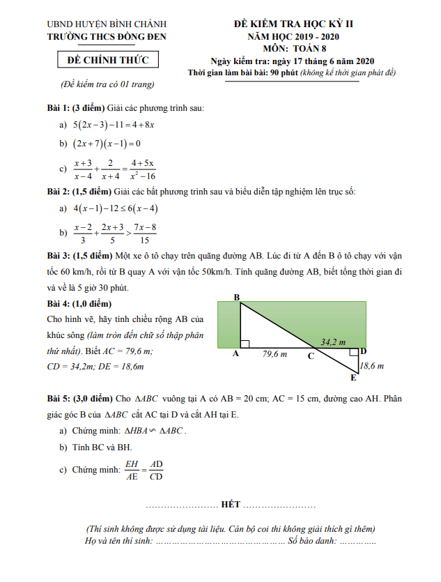 Đề thi học kì 2 Toán 8 năm 2019 – 2020 trường THCS Đồng Đen – TP HCM