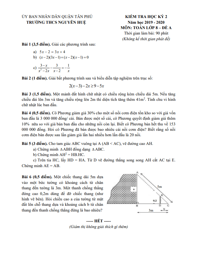 Đề thi học kì 2 Toán 8 năm 2019 – 2020 trường THCS Nguyễn Huệ – TP HCM