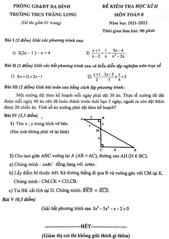 Đề thi học kì 2 Toán 8 năm 2021 – 2022 trường THCS Thăng Long – Hà Nội