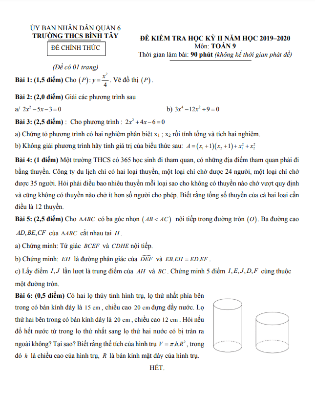 Đề thi học kì 2 Toán 9 năm 2019 – 2020 trường THCS Bình Tây – TP HCM