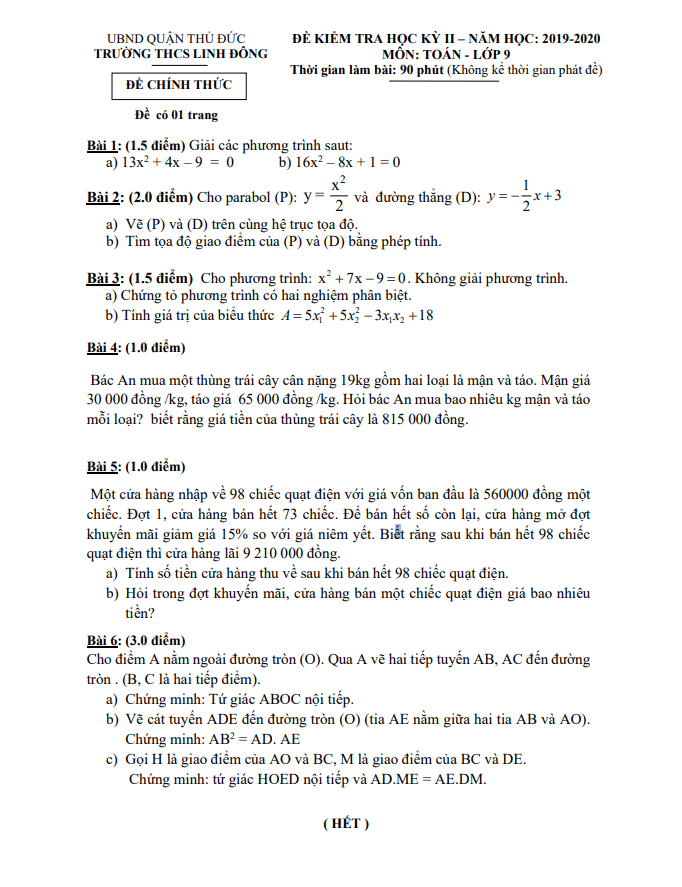 Đề thi học kì 2 Toán 9 năm 2019 – 2020 trường THCS Linh Đông – TP HCM