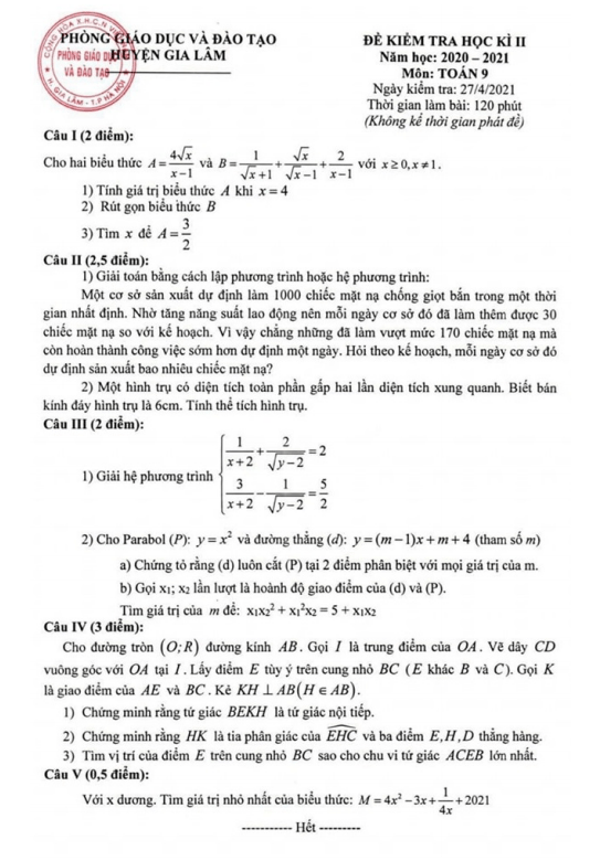 Đề thi học kì 2 Toán 9 năm 2020 – 2021 phòng GD&ĐT Gia Lâm – Hà Nội