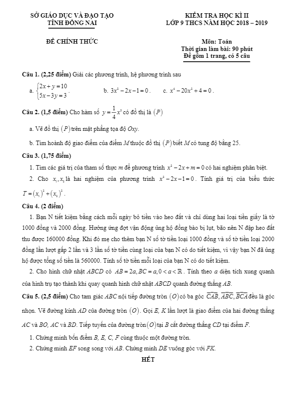 Đề thi học kì 2 Toán 9 năm học 2018 – 2019 sở GD&ĐT Đồng Nai