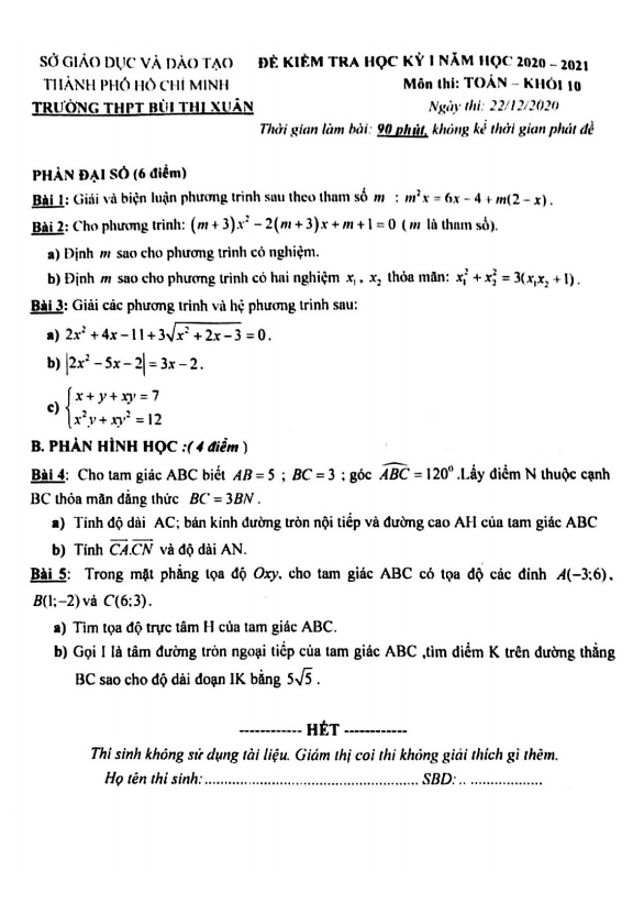 Đề thi học kỳ 1 Toán 10 năm 2020 – 2021 trường THPT Bùi Thị Xuân – TP HCM