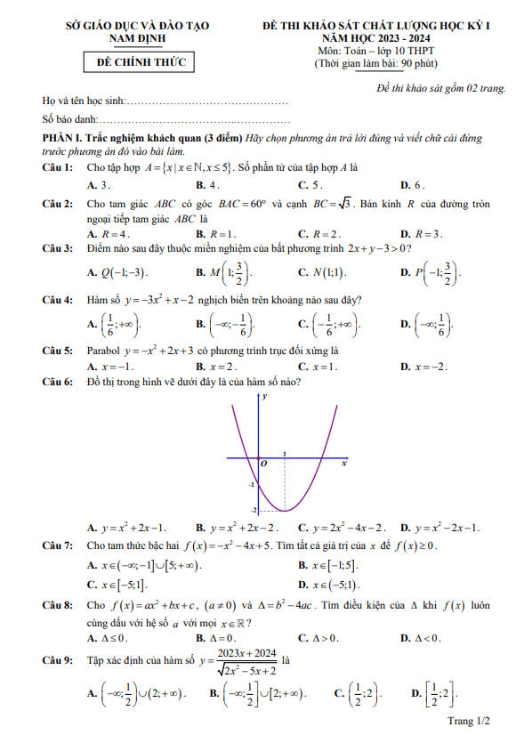 Đề thi học kỳ 1 Toán 10 năm 2023 – 2024 sở GD&ĐT Nam Định