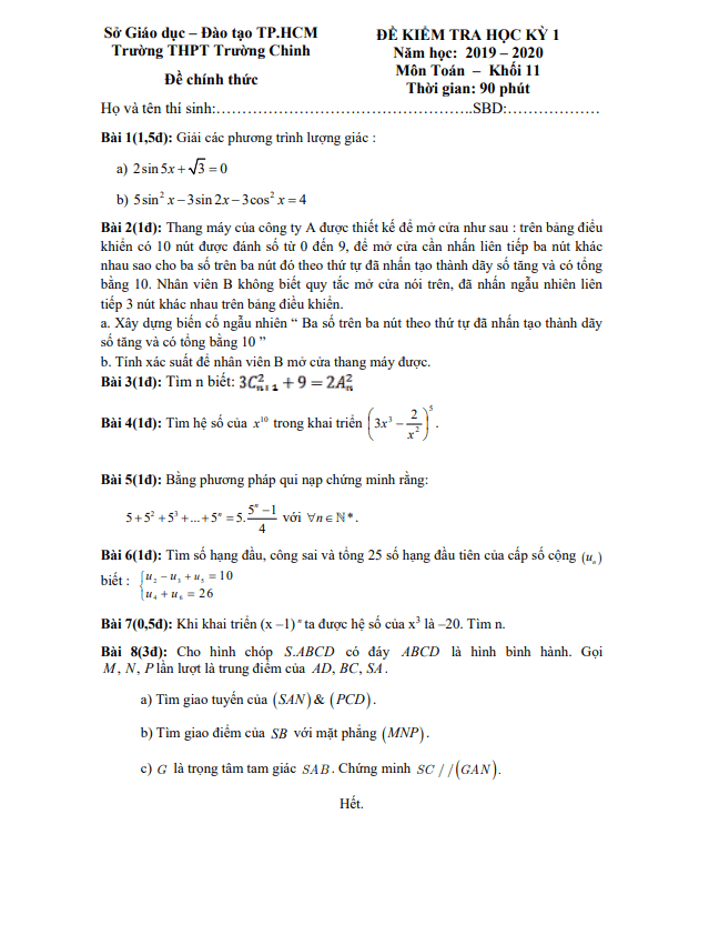Đề thi học kỳ 1 Toán 11 năm 2019 – 2020 trường THPT Trường Chinh – TP HCM