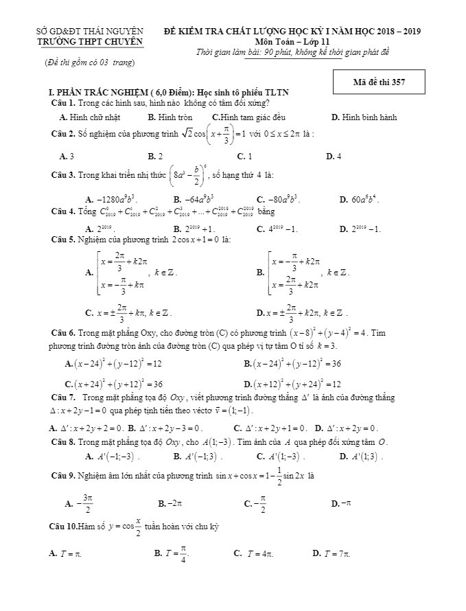 Đề thi học kỳ 1 Toán 11 năm học 2018 – 2019 trường THPT chuyên Thái Nguyên