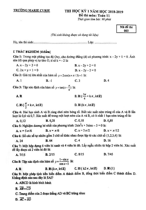 Đề thi học kỳ 1 Toán 11 năm học 2018 – 2019 trường THPT Marie Curie – Hà Nội