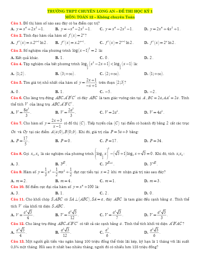 Đề thi học kỳ 1 Toán 12 không chuyên năm học 2017 – 2018 trường THPT chuyên Long An