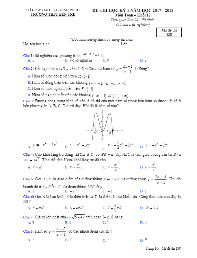 Đề thi học kỳ 1 Toán 12 năm học 2017 – 2018 trường THPT Bến Tre – Vĩnh Phúc