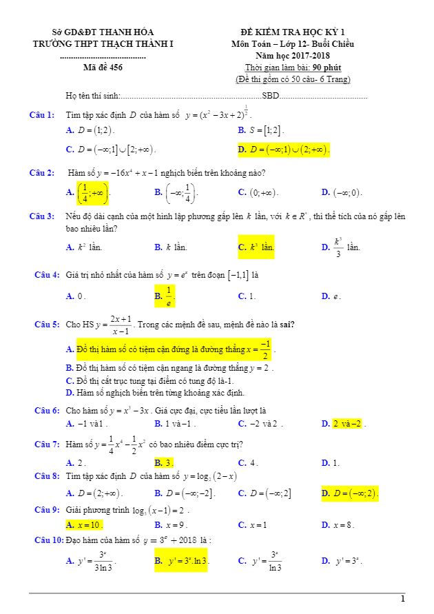 Đề thi học kỳ 1 Toán 12 năm học 2017 – 2018 trường THPT Thạch Thành 1 – Thanh Hóa
