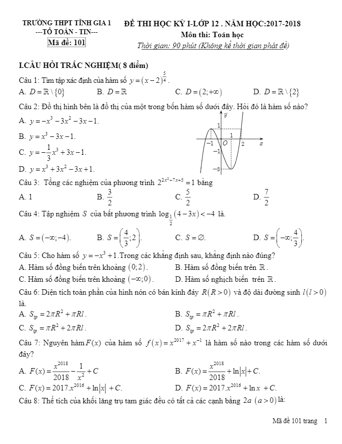 Đề thi học kỳ 1 Toán 12 năm học 2017 – 2018 trường THPT Tĩnh Gia 1 – Thanh Hóa