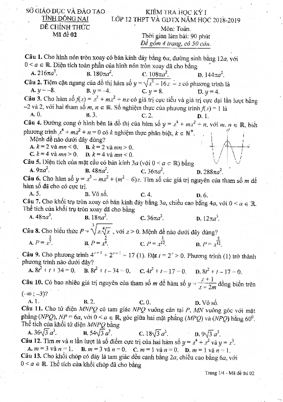 Đề thi học kỳ 1 Toán 12 năm học 2018 – 2019 sở GD và ĐT Đồng Nai