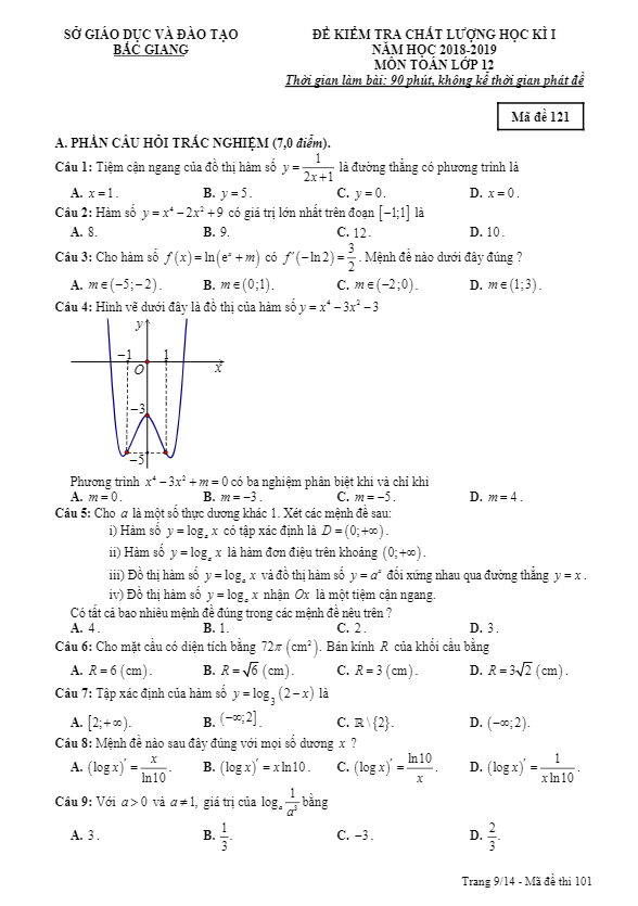 Đề thi học kỳ 1 Toán 12 năm học 2018 – 2019 sở GD&ĐT Bắc Giang