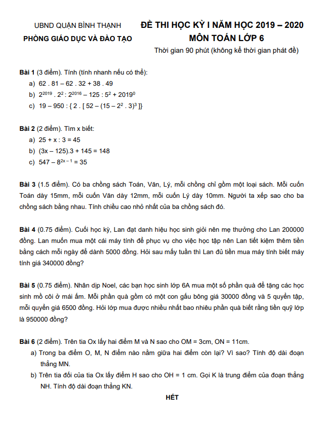 Đề thi học kỳ 1 Toán 6 năm 2019 – 2020 phòng GD&ĐT Bình Thạnh – TP HCM