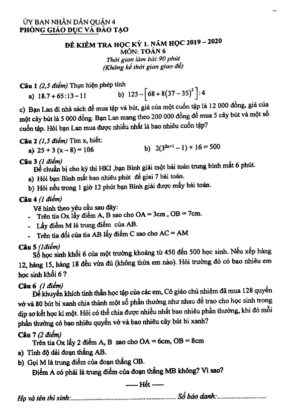 Đề thi học kỳ 1 Toán 6 năm 2019 – 2020 phòng GD&ĐT Quận 4 – TP HCM