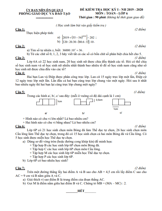 Đề thi học kỳ 1 Toán 6 năm 2019 – 2020 phòng GD&ĐT Quận 5 – TP HCM