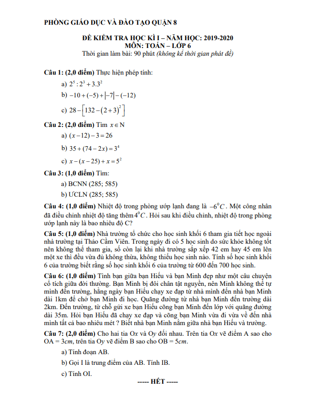 Đề thi học kỳ 1 Toán 6 năm 2019 – 2020 phòng GD&ĐT Quận 8 – TP HCM
