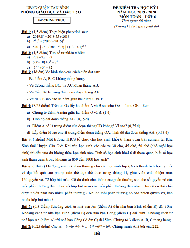 Đề thi học kỳ 1 Toán 6 năm 2019 – 2020 phòng GD&ĐT Tân Bình – TP HCM