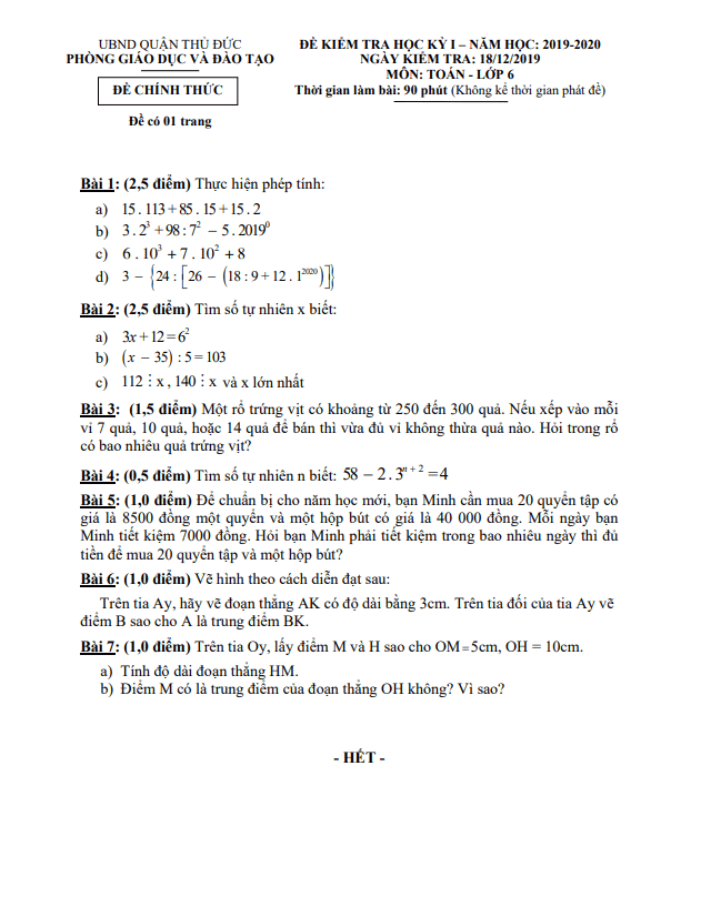 Đề thi học kỳ 1 Toán 6 năm 2019 – 2020 phòng GD&ĐT Thủ Đức – TP HCM